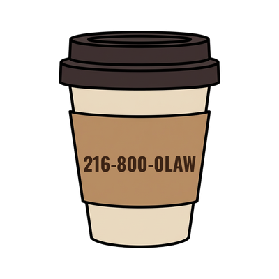 216-800-0LAW on a coffee cup
