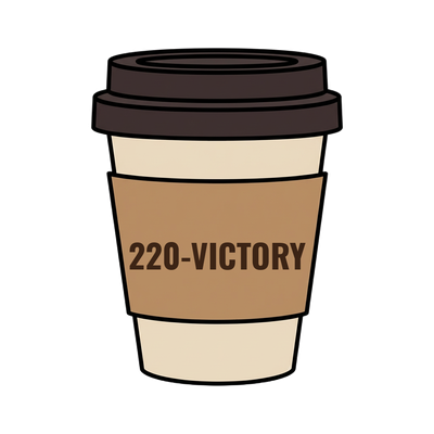 220-VICTORY on a coffee cup