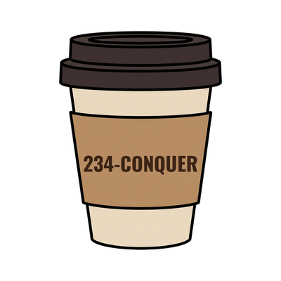 234-CONQUER on a coffee cup