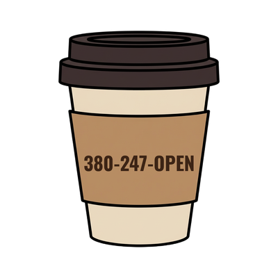 380-247-OPEN on a coffee cup