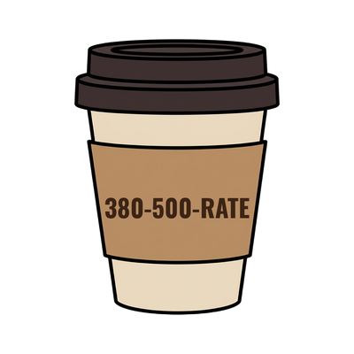 380-500-RATE on a coffee cup