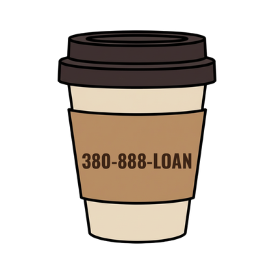380-888-LOAN on a coffee cup