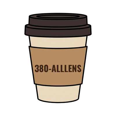 380-ALLLENS on a coffee cup