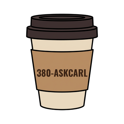 380-ASKCARL on a coffee cup