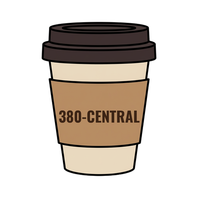 380-CENTRAL on a coffee cup
