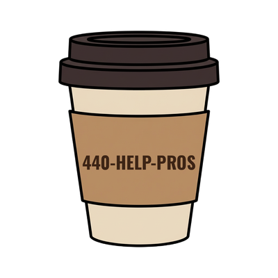 440-HELP-PROS on a coffee cup