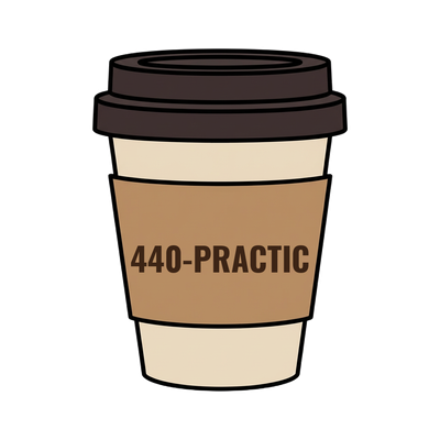 440-PRACTIC on a coffee cup