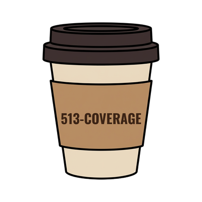 513-COVERAGE on a coffee cup