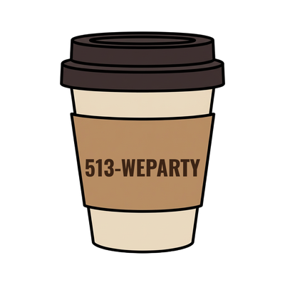 513-WEPARTY on a coffee cup