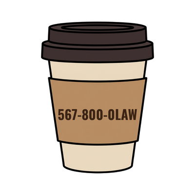 567-800-0LAW on a coffee cup