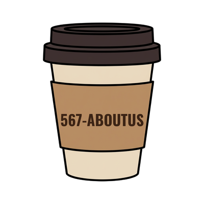 567-ABOUTUS on a coffee cup