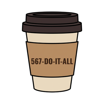 567-DO-IT-ALL on a coffee cup