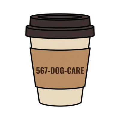 567-DOG-CARE on a coffee cup