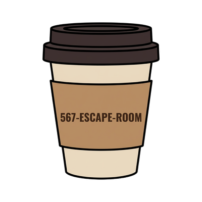 567-ESCAPE-ROOM on a coffee cup
