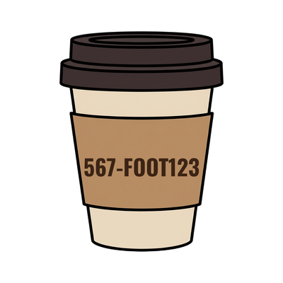 567-FOOT123 on a coffee cup