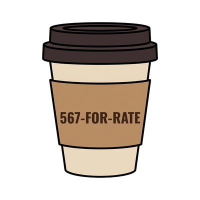 567-FOR-RATE on a coffee cup