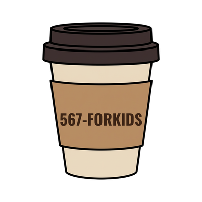 567-FORKIDS on a coffee cup