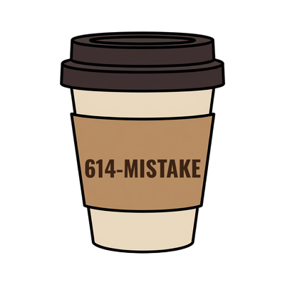 614-MISTAKE on a coffee cup