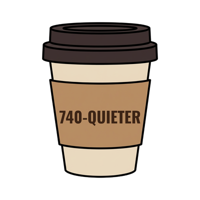 740-QUIETER on a coffee cup
