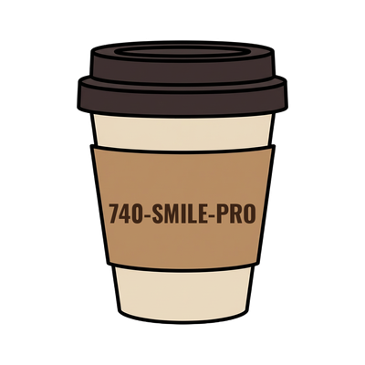 740-SMILE-PRO on a coffee cup