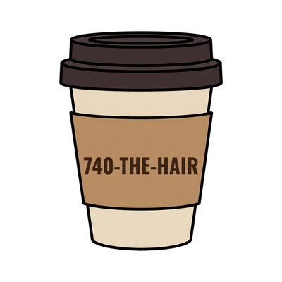 740-THE-HAIR on a coffee cup