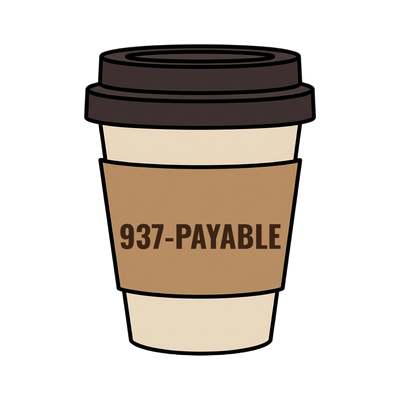 937-PAYABLE on a coffee cup