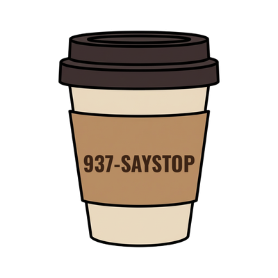 937-SAYSTOP on a coffee cup
